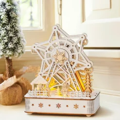 KAEMINGK Village de Noël en bois lumineux et musical à piles (20 x 24 cm) Grande roue Naturel New