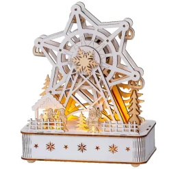 KAEMINGK Village de Noël en bois lumineux et musical à piles (20 x 24 cm) Grande roue Naturel New