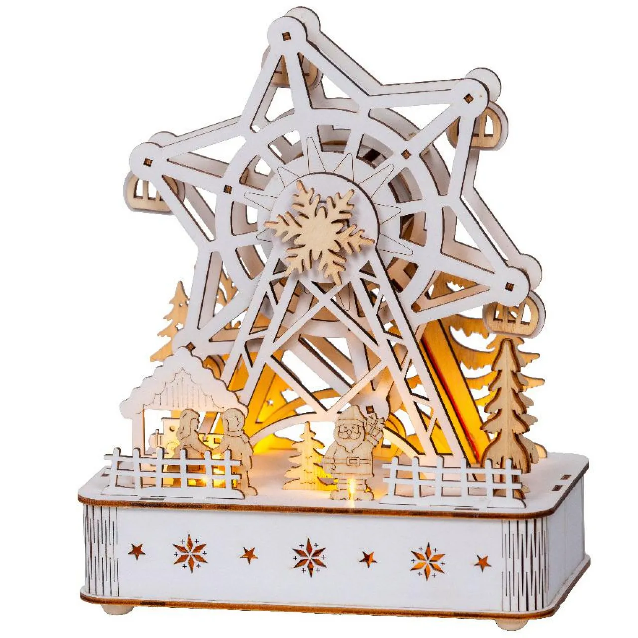 KAEMINGK Village de Noël en bois lumineux et musical à piles (20 x 24 cm) Grande roue Naturel New