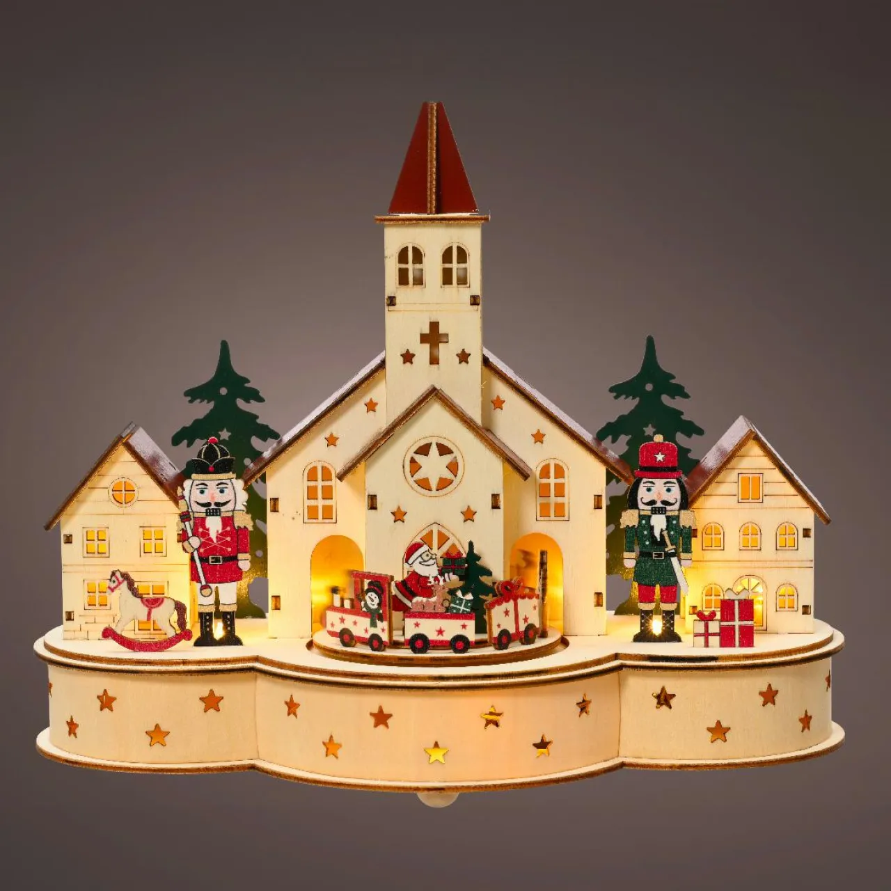 KAEMINGK Village de Noël en bois lumineux et musical à piles (30 x H24 cm) Église et casse-noisette