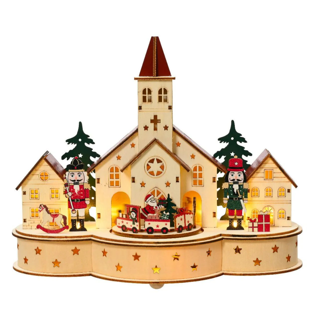 KAEMINGK Village de Noël en bois lumineux et musical à piles (30 x H24 cm) Église et casse-noisette