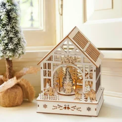 KAEMINGK Village de Noël en bois lumineux, musical et animé à piles (18 x 24 cm) Jardin d’hiver Naturel Outlet