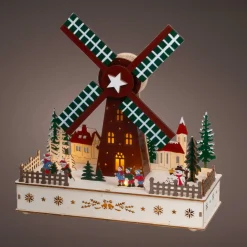 KAEMINGK Village de Noël en bois lumineux, animé et musical à piles (H29 cm) Moulin à vent Multicolore