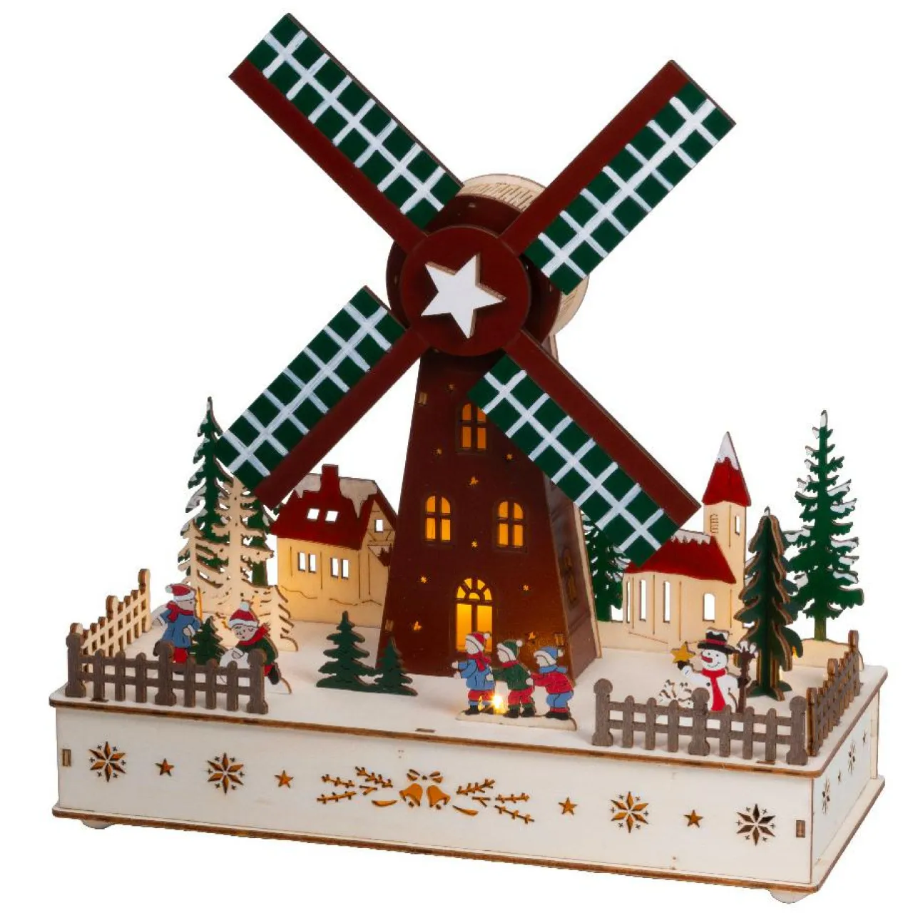 KAEMINGK Village de Noël en bois lumineux, animé et musical à piles (H29 cm) Moulin à vent Multicolore