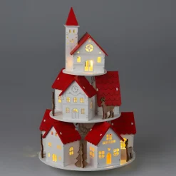 KOOPMAN Village de Noël en bois lumineux à piles (H30 cm) Maisons toits rouges Discount