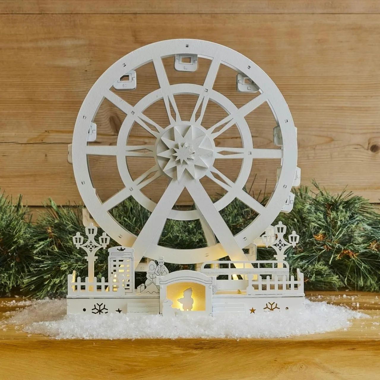 KOOPMAN Village de Noël en bois lumineux et animé (H30 cm) Roue Enchantée de Noël Blanc Best