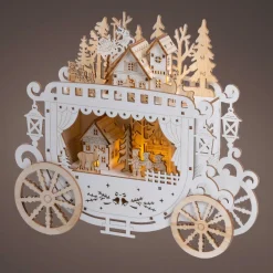 KAEMINGK Village de Noël en bois lumineux à piles (H23 cm) Diligence Naturel New