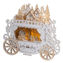 KAEMINGK Village de Noël en bois lumineux à piles (H23 cm) Diligence Naturel New