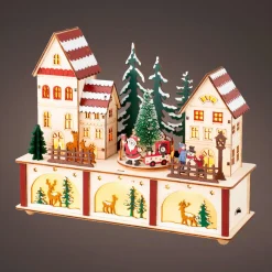 KAEMINGK Village de Noël en bois lumineux et musical à piles (27 x H22 cm) Cœur du village Coloré Sale