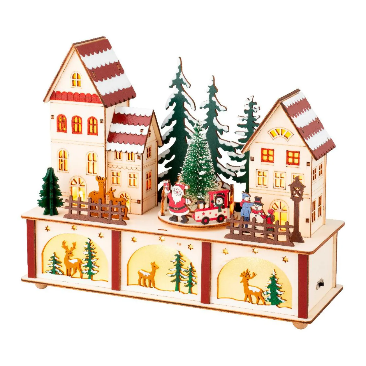 KAEMINGK Village de Noël en bois lumineux et musical à piles (27 x H22 cm) Cœur du village Coloré Sale