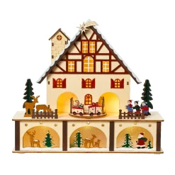 KAEMINGK Village de Noël en bois lumineux et musical à piles (27 x H24 cm) Chalet Suisse Coloré Sale