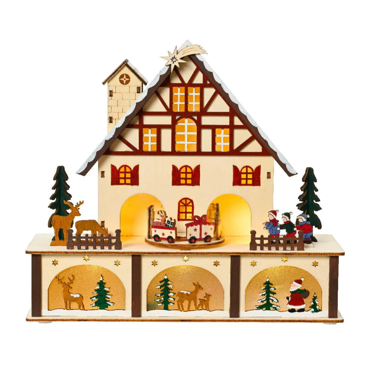 KAEMINGK Village de Noël en bois lumineux et musical à piles (27 x H24 cm) Chalet Suisse Coloré Sale