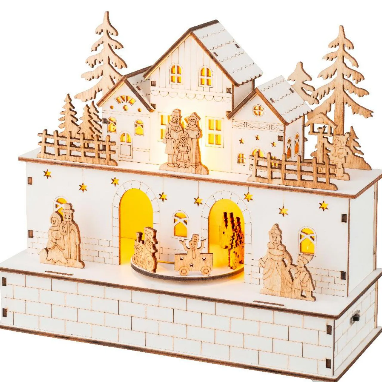 KAEMINGK Village de Noël en bois lumineux et musical à piles (21 x H24 cm) Villageois en fête Online