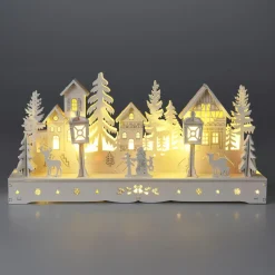 KOOPMAN Village de Noël en bois lumineux à piles (29 x H14 cm) Square enchanté Blanc Clearance