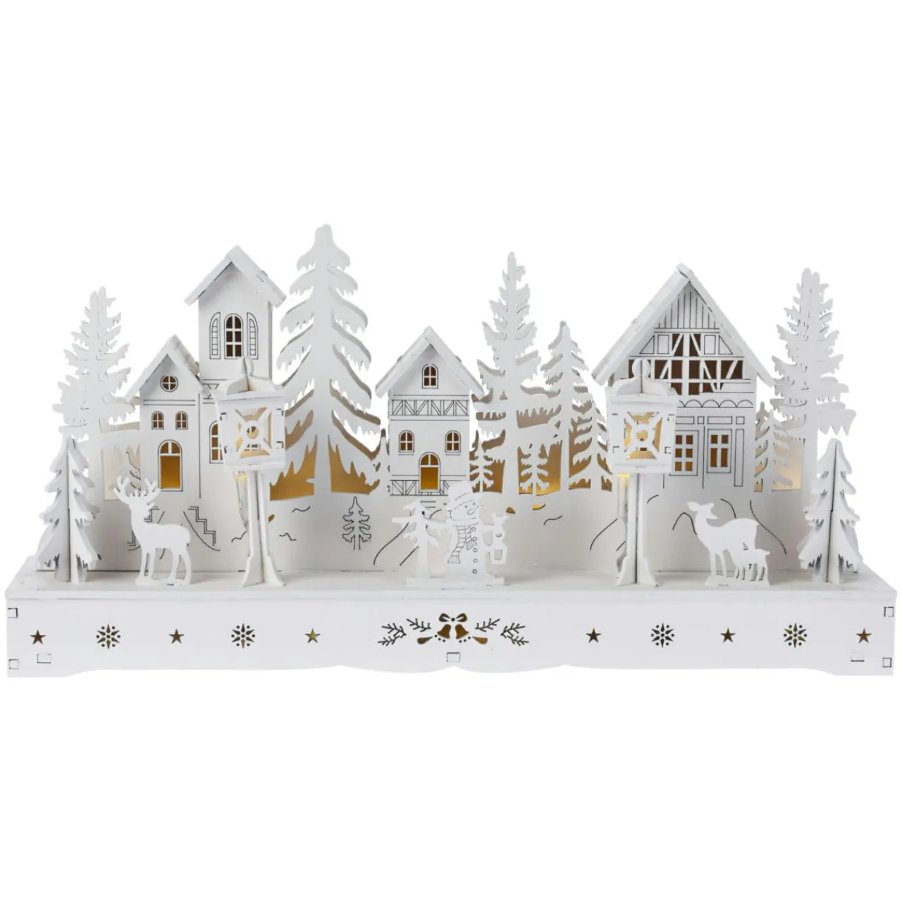 KOOPMAN Village de Noël en bois lumineux à piles (29 x H14 cm) Square enchanté Blanc Clearance