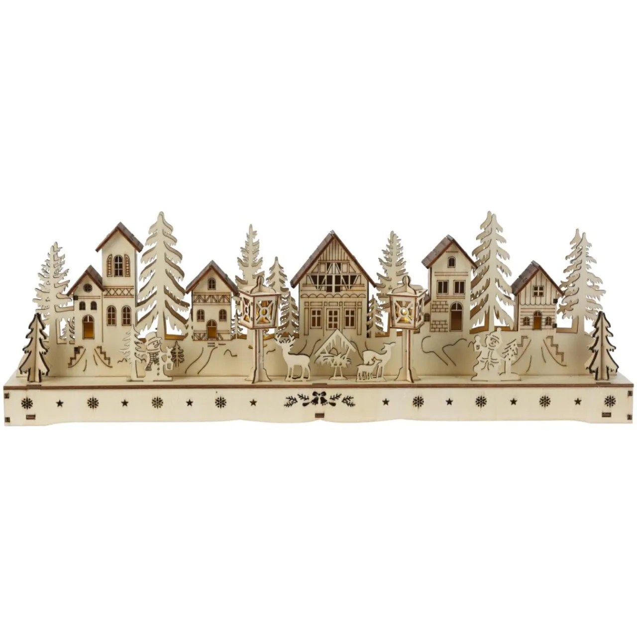 KOOPMAN Village de Noël en bois lumineux à piles (45 x H15 cm) Square enchanté Naturel Outlet