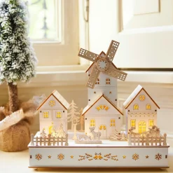 KAEMINGK Village de Noël en bois lumineux musical et animé à piles (H26 cm) Moulin et hameau Naturel Hot