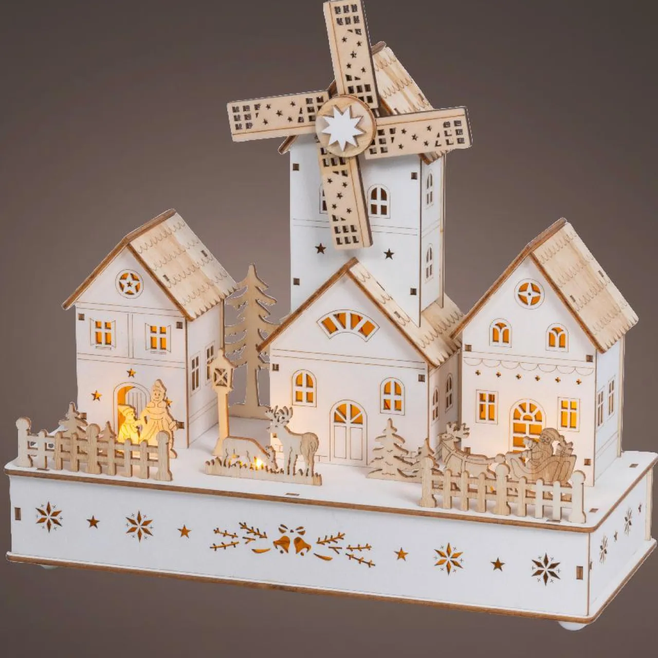 KAEMINGK Village de Noël en bois lumineux musical et animé à piles (H26 cm) Moulin et hameau Naturel Hot