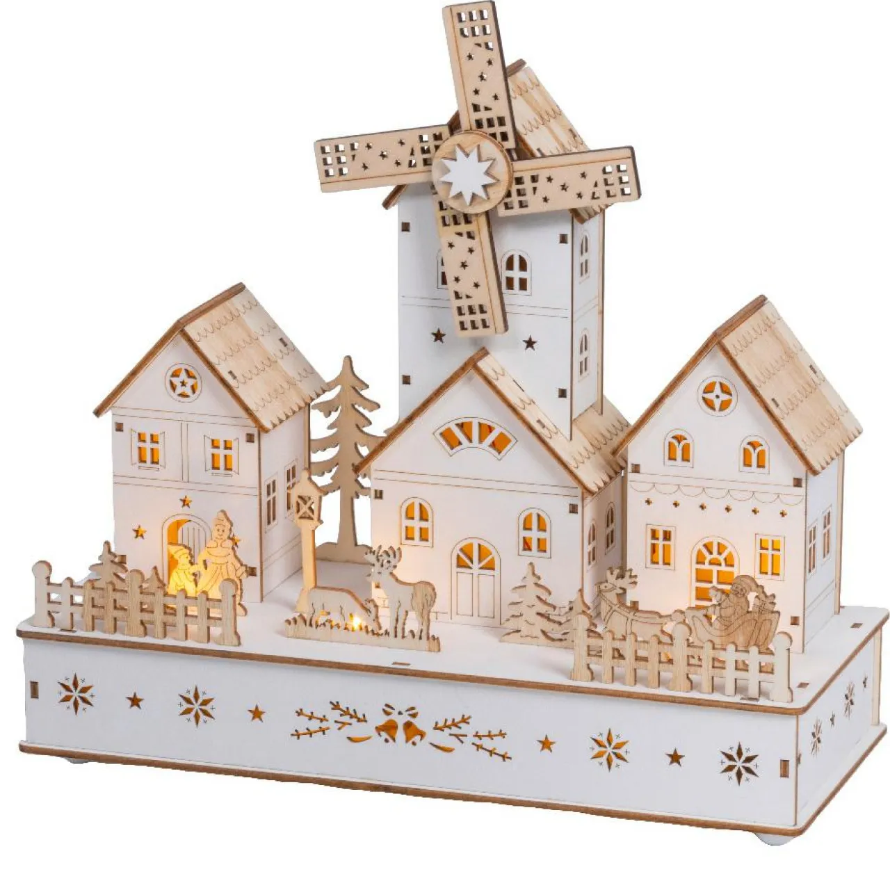 KAEMINGK Village de Noël en bois lumineux musical et animé à piles (H26 cm) Moulin et hameau Naturel Hot