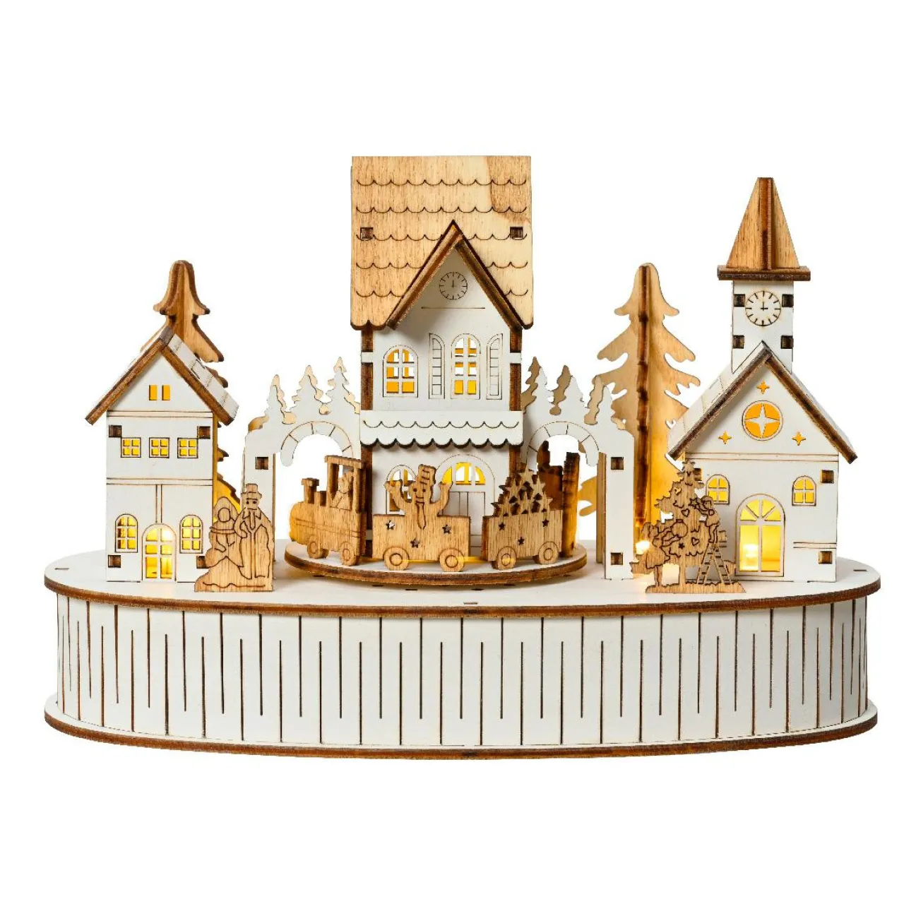 KAEMINGK Village de Noël en bois lumineux et musical à piles (22 x H15 cm) Ville de lumière Sale