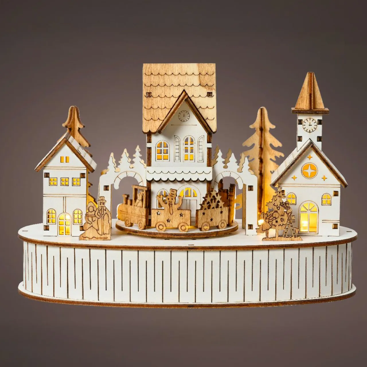 KAEMINGK Village de Noël en bois lumineux et musical à piles (22 x H15 cm) Ville de lumière Sale