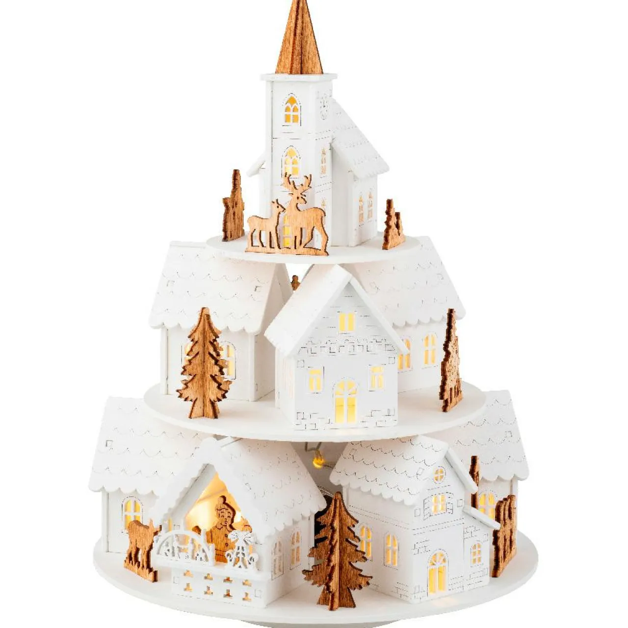 KAEMINGK Village de Noël en bois lumineux et musical à piles (H28 cm) Maisons sur colline Hot