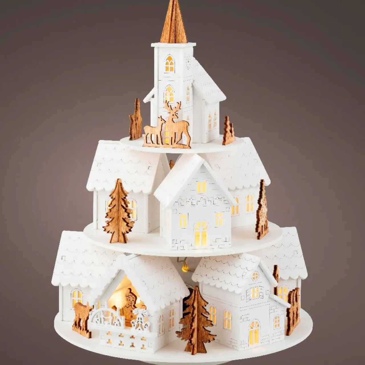 KAEMINGK Village de Noël en bois lumineux et musical à piles (H28 cm) Maisons sur colline Hot
