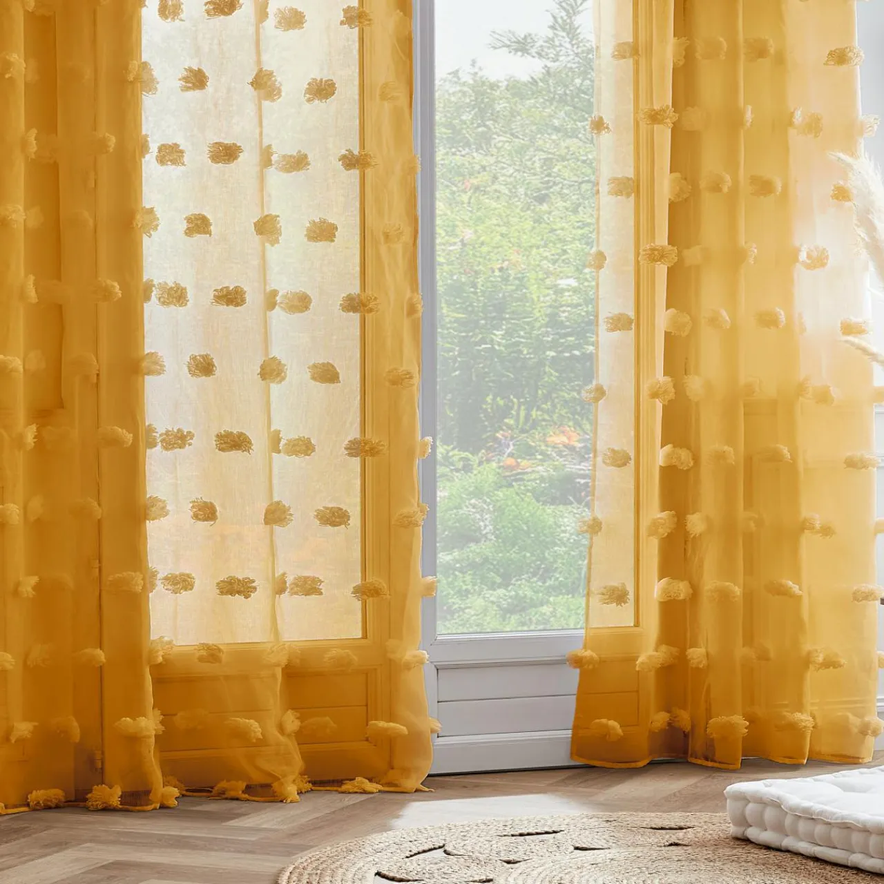 EMINZA Voilage oeillets pompons (140 x 240 cm) Suzie Jaune moutarde Outlet